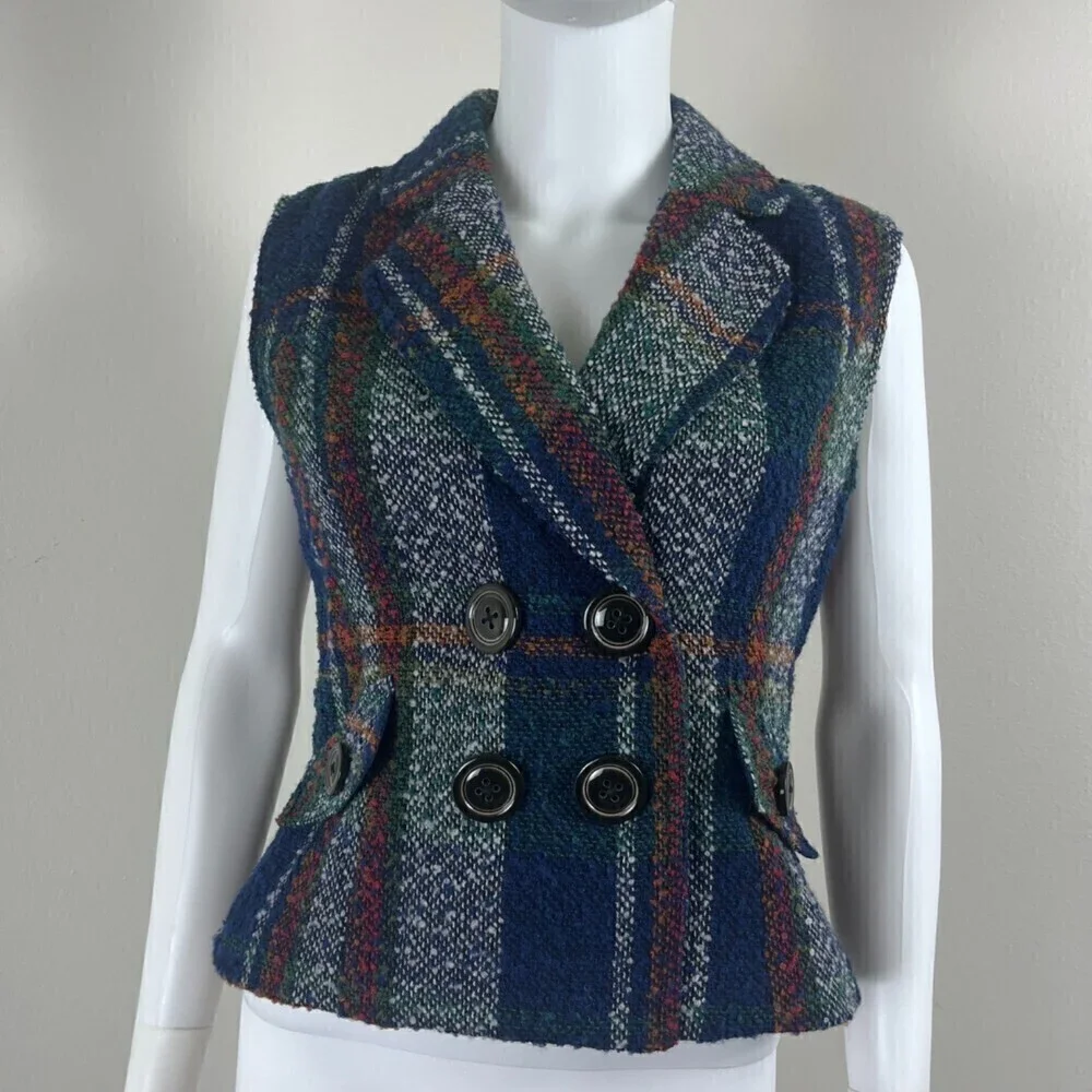 Cabi Size S Wool Plaid Double Breasted Sleeveless Vest Sweater Holiday Party
